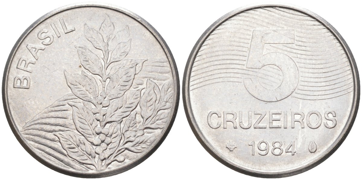 БРАЗИЛИЯ 5 КРУЗЕЙРО 1984 КОФЕ KM 591 нержавеющая сталь 213-756