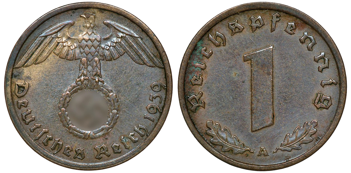 ГЕРМАНИЯ 1 РЕЙХСПФЕННИГ 1939 A J 361, KM 89 бронза 72-1634