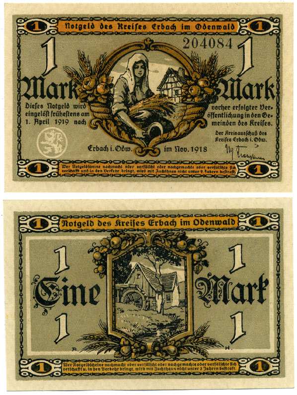 ЭРБАХ-ОДЕНВАЛЬД, ГЕРМАНИЯ 1 МАРКА 1918-1919 НОЯБРЬ 1918 - 1 АПРЕЛЯ 1919, НОТГЕЛЬД, ЗЕМЛЯ ГЕССЕН Geiger 135.01 бумага аUNC 8613-15-3-2