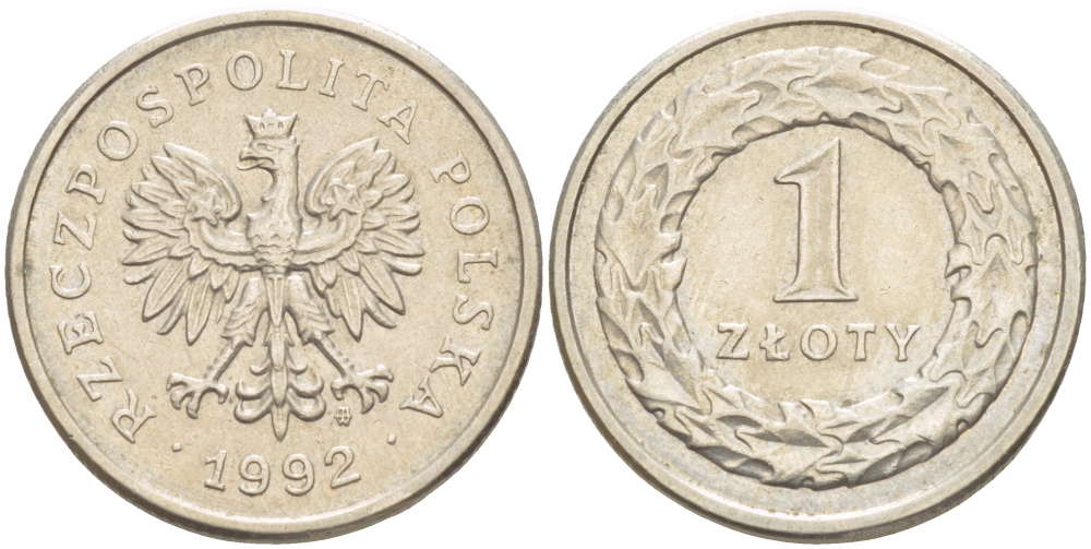 ПОЛЬША 1 ЗЛОТЫЙ 1992 MW KM 282 медно-никель UNC 4539-817