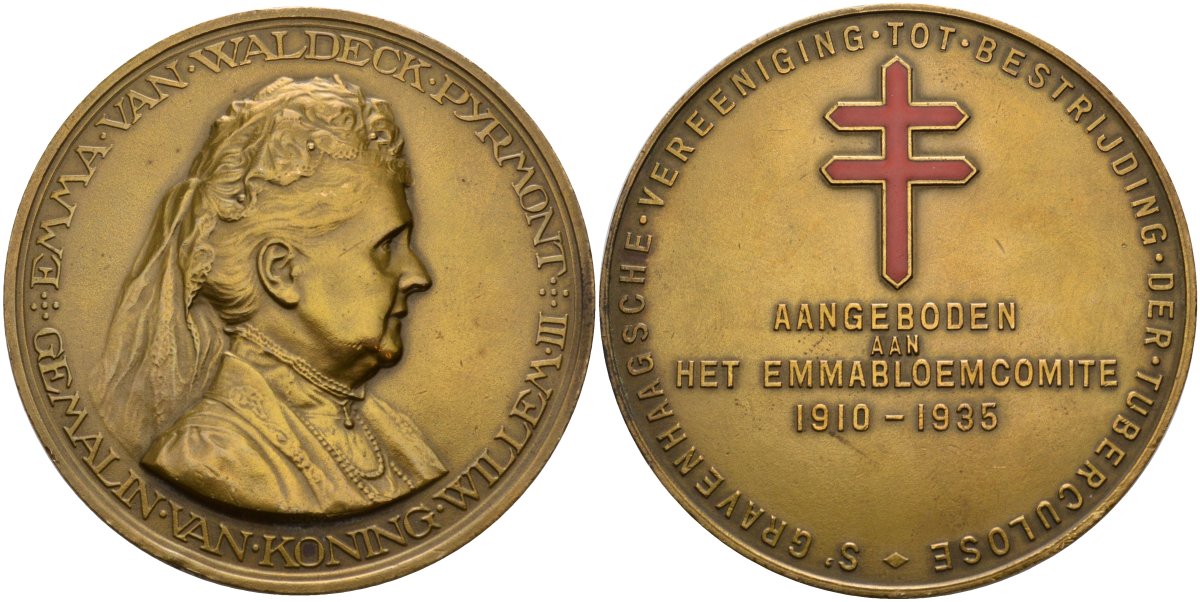 Нидерланды медаль 1935 25 лет королевскому комитету по борьбе с туберкулёзом, королева-консорт Эмма, диаметр 60,5 мм, цветная эмаль бронза 1076-1-33