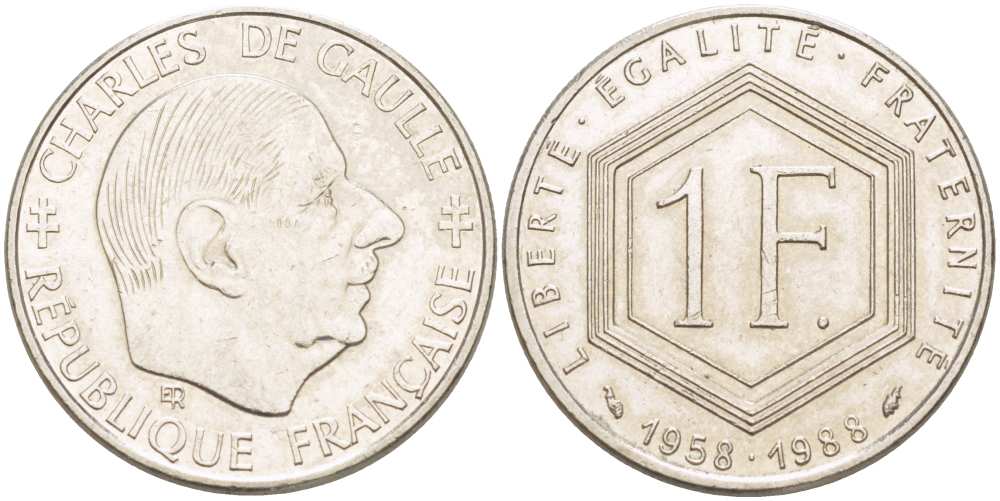 ФРАНЦИЯ 1 ФРАНК 1988 ШАРЛЬ ДЕ ГОЛЬ, 30 ЛЕТ РЕСПУБЛИКЕ KM 943, LE FRANC 227.2 никель 217-244