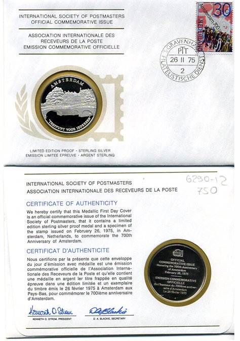 НИДЕРЛАНДЫ МЕДАЛЬ С КОВЕРТОМ СПЕЦГАШЕНИЯ И МАРКОЙ 1975 АМСТЕРДАМ 6290-12