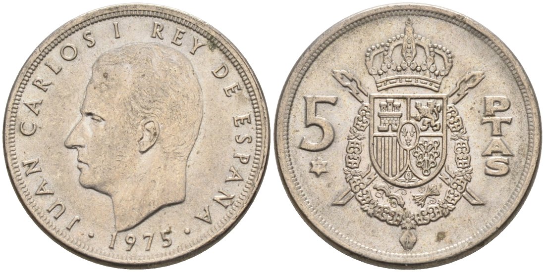 Испания 5 песет 1975 (77) Хуан Карлос I KM 809 медно-никель 4573-941