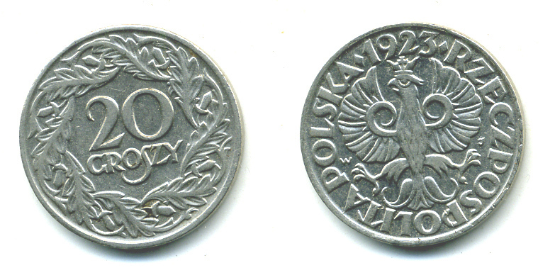 ПОЛЬША 20 ГРОШЕЙ 1923 KM 12 никель 4383-164
