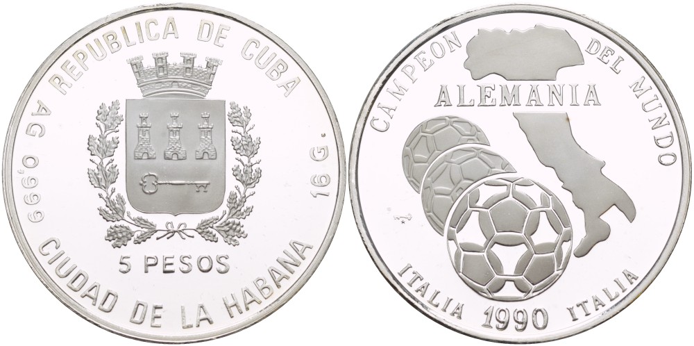Куба 5 песо 1990 чемпионат мира по футболу в Италии 1990 года, мяч на фоне карты Италии KM 290.1 серебро PROOF 1071-1-33