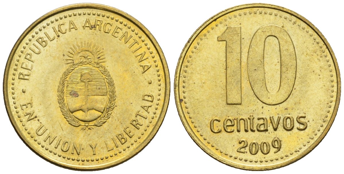 Аргентина 10 сентаво 2009 KM 107a, CJ 3, Schon 110a сталь плакированная латунью 4609-1258