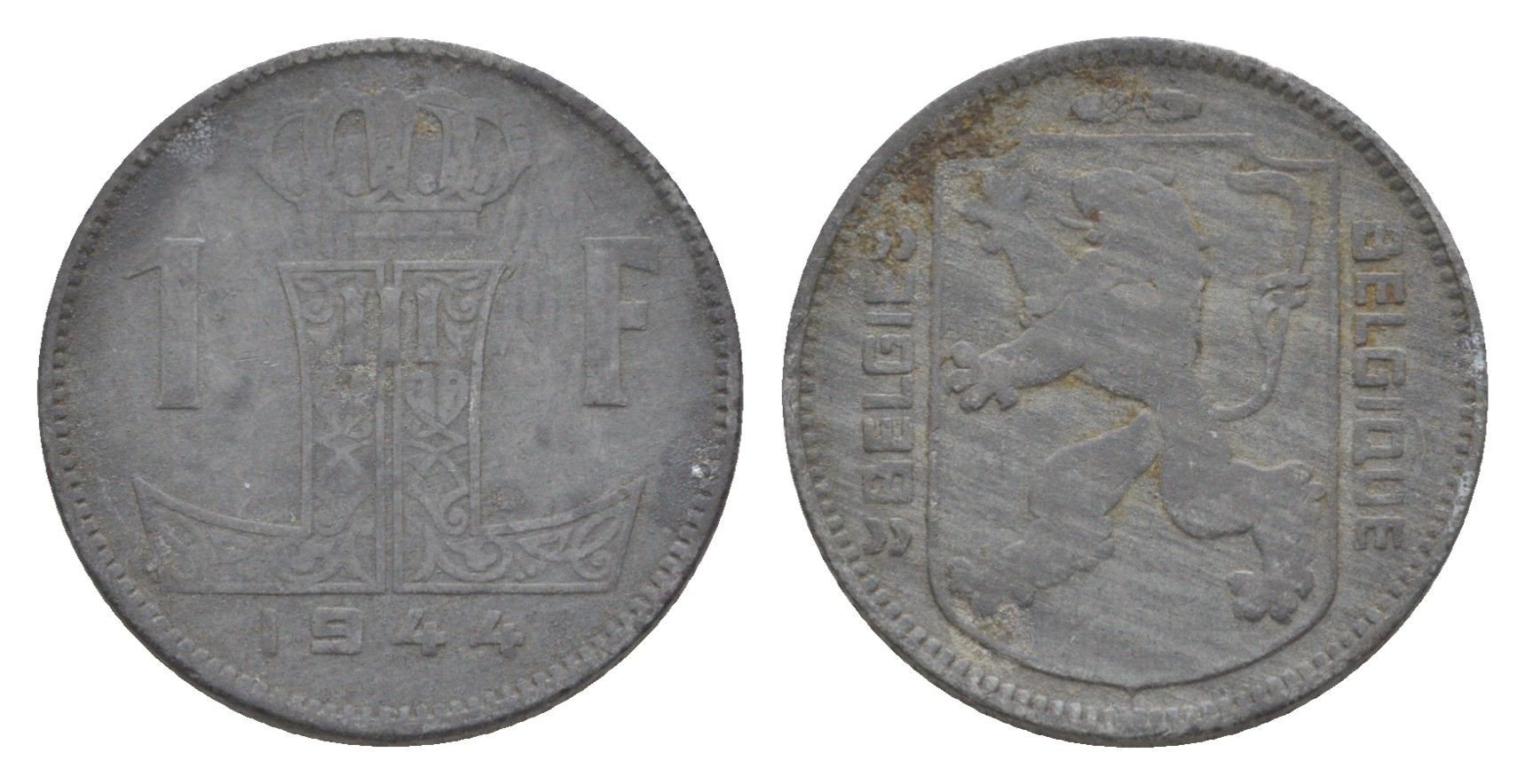 Бельгия 1 франк 1944 Belgique - Belgie, Леопольд III (1934-1947), германская оккупация, Вторая мировая война KM 128 цинк 4636-229