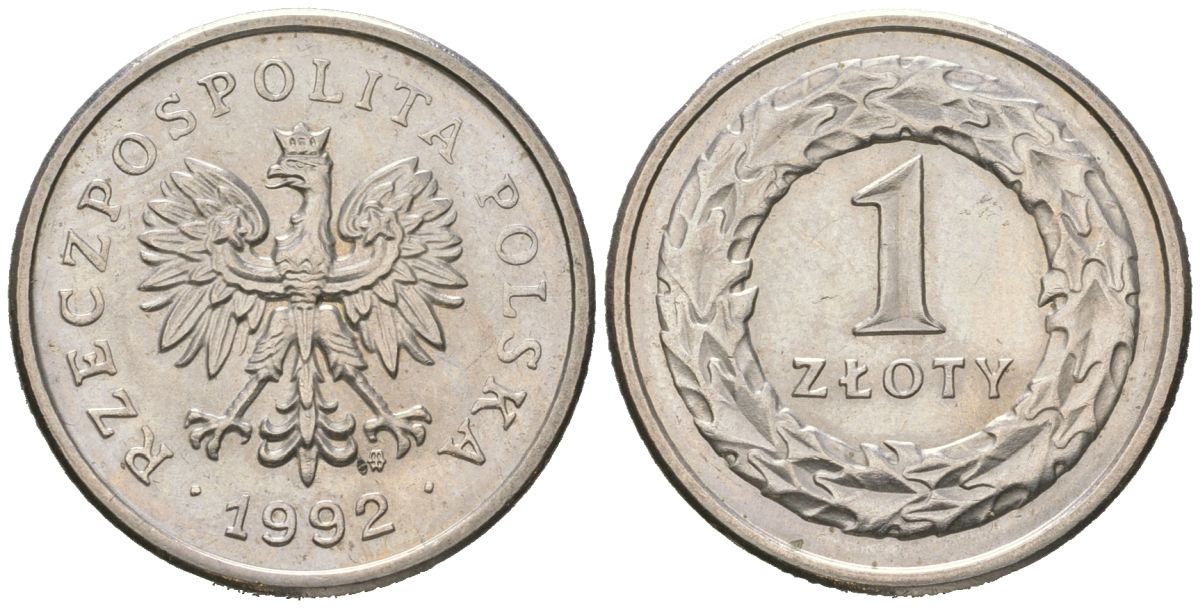 Польша 1 злотый 1992 MW KM 282 медно-никель UNC 4566-143
