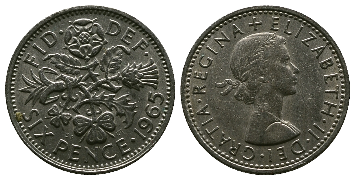 Великобритания 6 пенсов 1965 Елизавета II (1952-2022) KM 903, Spink 4149 медно-никель 4381-838