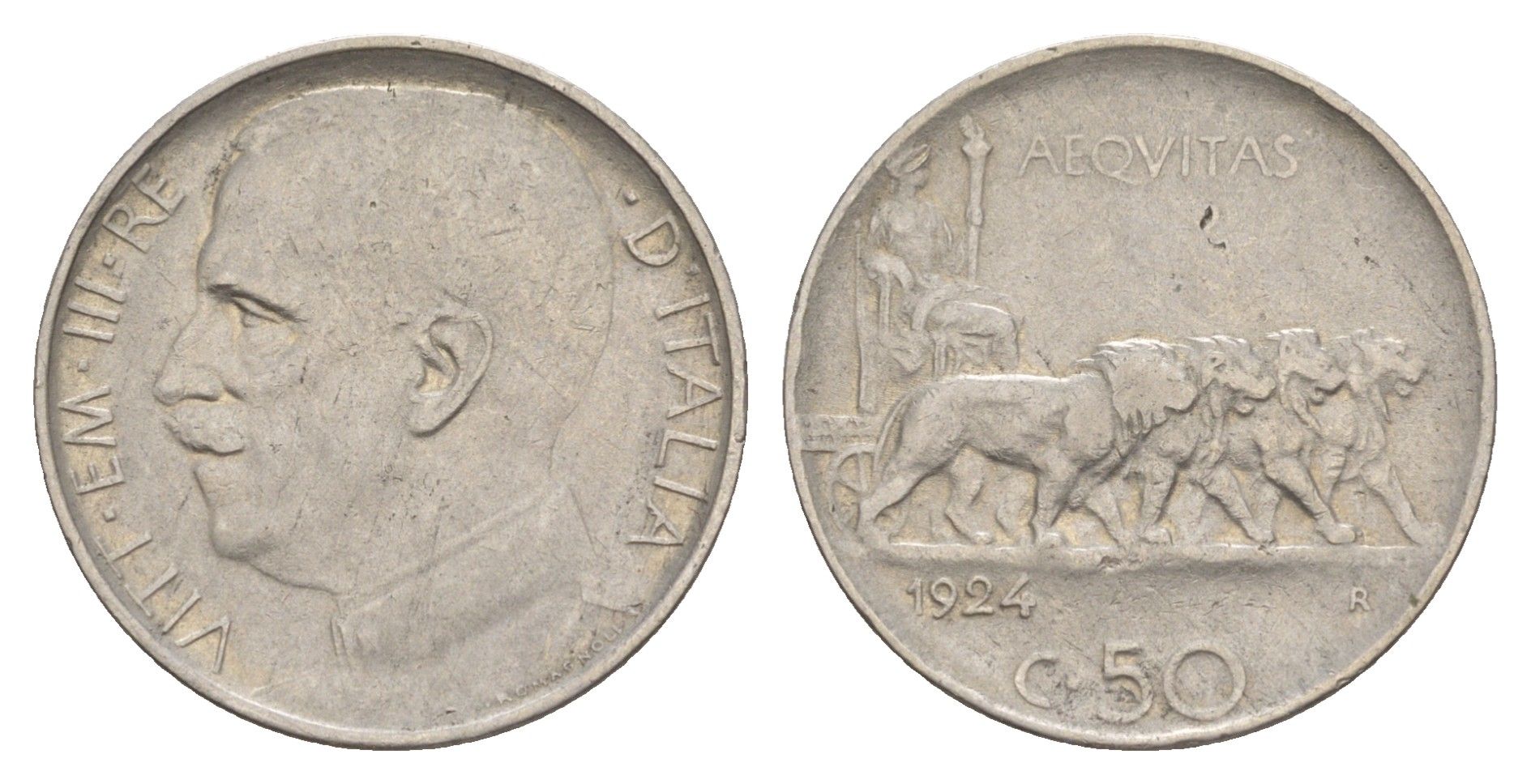 Италия 50 чентезимо 1924 редкий год - 599000 экземпляров KM 61 никель 603-142