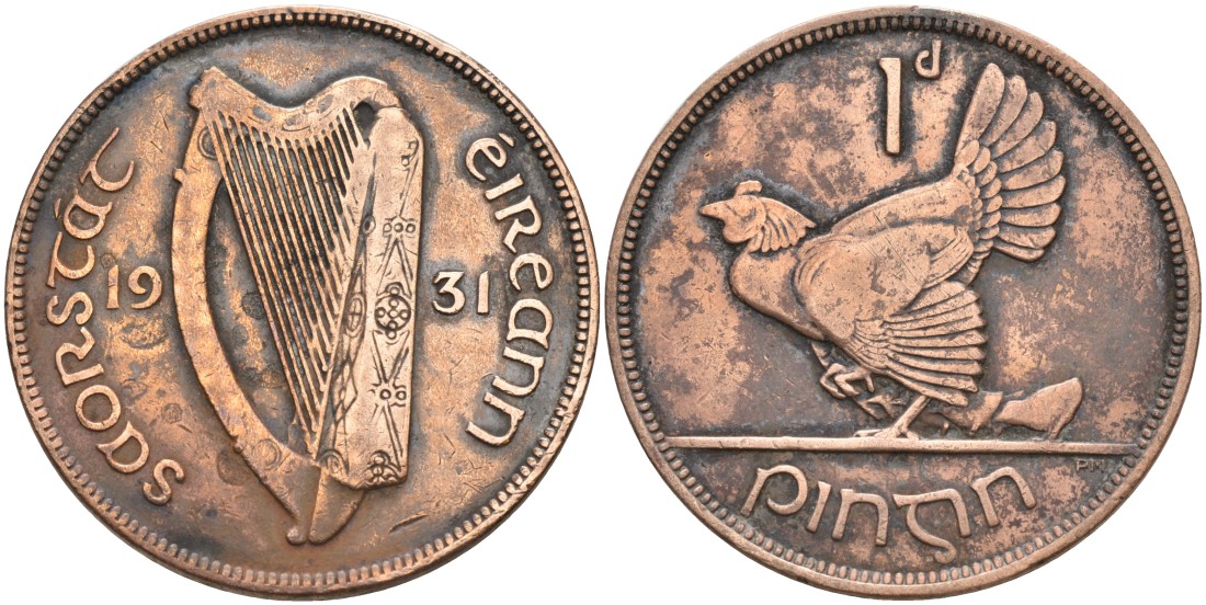 Ирландия 1 пенни 1931 курица с цыплятами KM 3 бронза 88-326