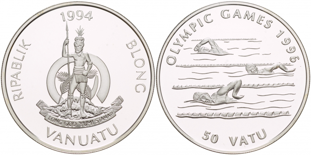 Вануату 50 вату 1994 Олетние Олимпийские игры 1996 года в Атланте, плавание KM 24 серебро PROOF 1088-3-44