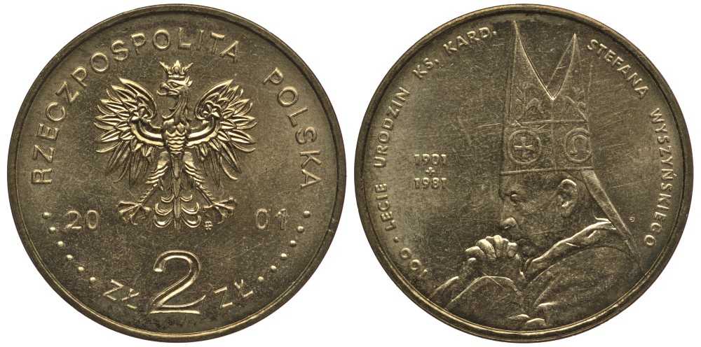 Польша 2 злотых 2001 MW, 100 лет со дня рождения Стефана Вышинского (1901-1981) KM 418, Parchimowicz 834 нордик 114-112