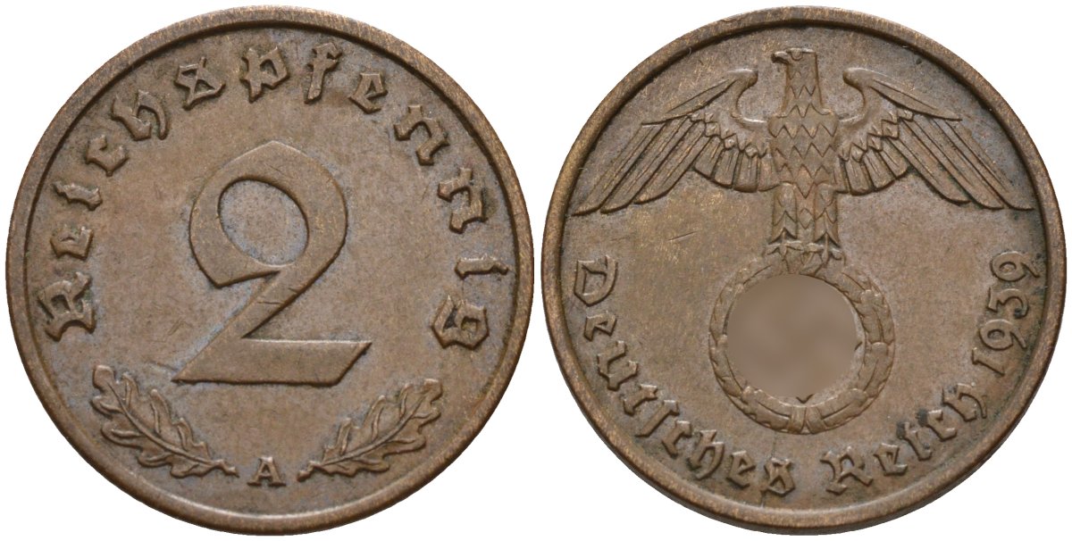 Германия 2 рейхспфеннига 1939 A KM 90, J. 362 бронза 4151-137