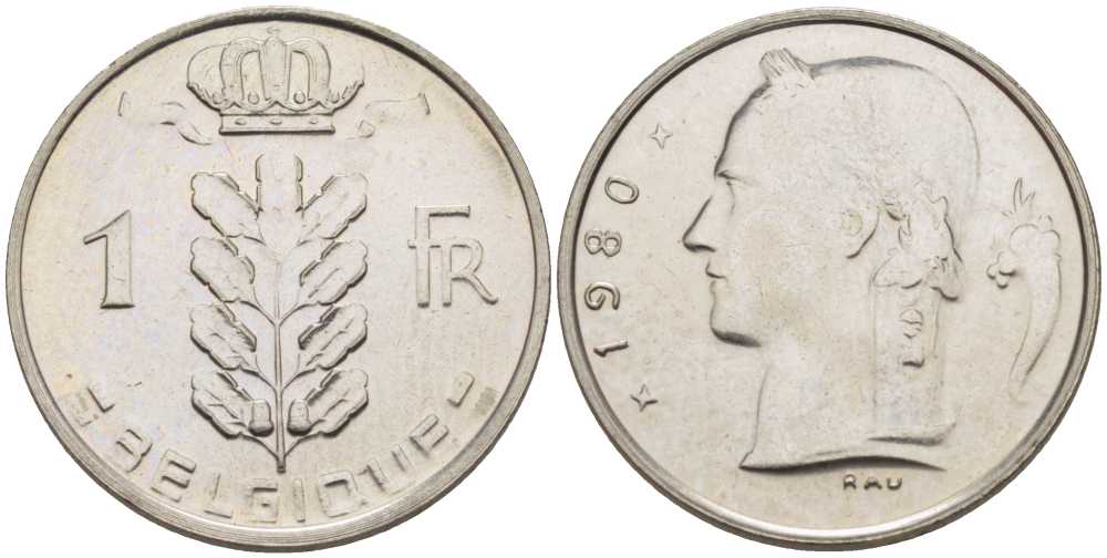 БЕЛЬГИЯ 1 ФРАНК 1980 BELGIQUE, БОДУЭН I (1951-1993) KM 142.1 медно-никель UNC 213-543