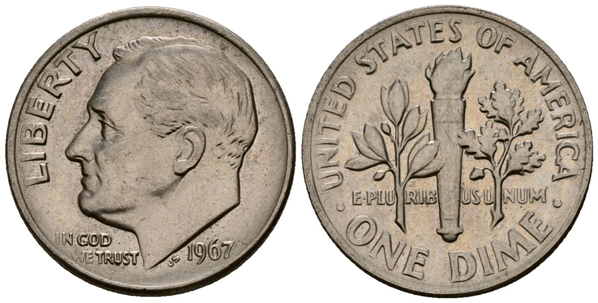 США 10 центов (дайм) 1967 Рузвельт KM 195a медь плакированная медно-никелем 4164-938