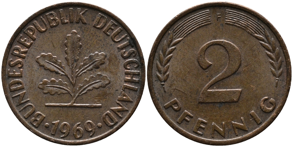 ФРГ 2 ПФЕННИГА 1969 F KM 106а, J.381а сталь плакированная сталь плакированная медьюю 33-232