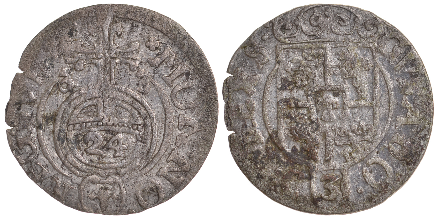 ЛИВОНИЯ, РИГА, ШВЕДСКАЯ ОККУПАЦИЯ 1/24 ТАЛЕРА 1633 ГУСТАВ II АДОЛЬФ KM 10 серебро 1527-614