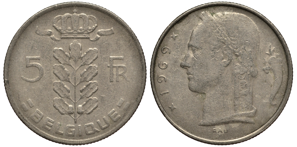 БЕЛЬГИЯ 5 ФРАНКОВ 1969 BELGIQUE, БОДУЭН I (1951-1993) KM 134.1 медно-никель G 4182-551