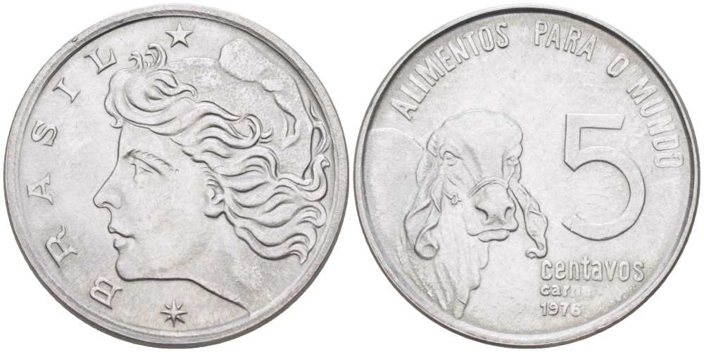 БРАЗИЛИЯ 5 СЕНТАВО 1976 FAO, РЕФОРМА (1967-1985), КОРОВА ЗЕБУ KM 587.1 нержавеющая сталь 4514-426