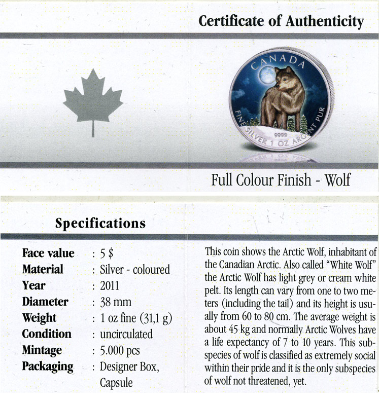 Канада 5 долларов 2011 серия Животный мир Канады, волк, в оригинальной коробке с сертификатом тираж 5000 экз., цветная эмаль серебро UNC 4-3-2-12