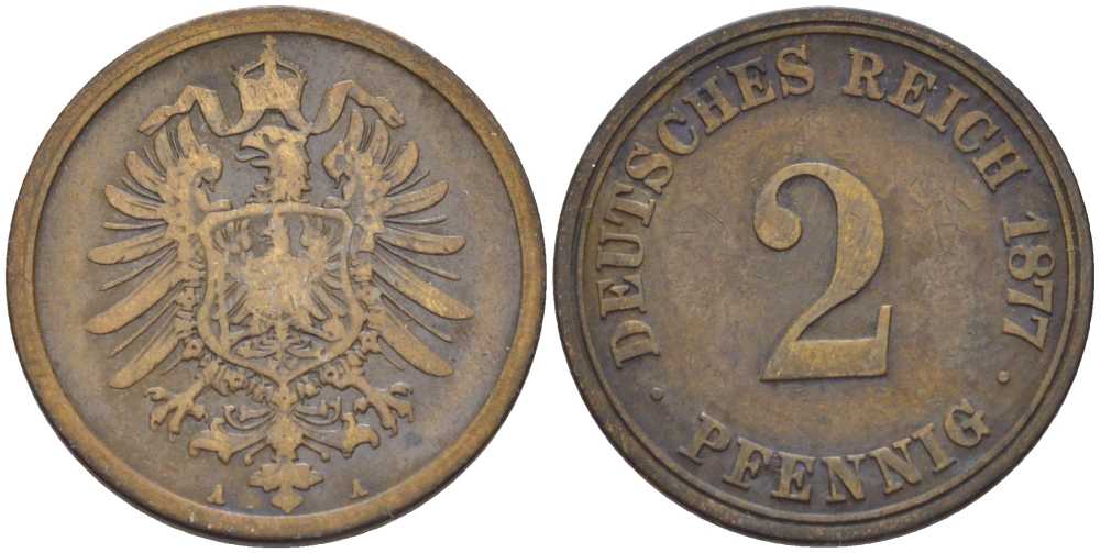 ГЕРМАНИЯ 2 ПФЕННИГА 1877 A, СТАРОГЕРБОВКА KM 2, J. 2, Weege 3 медь 212-724