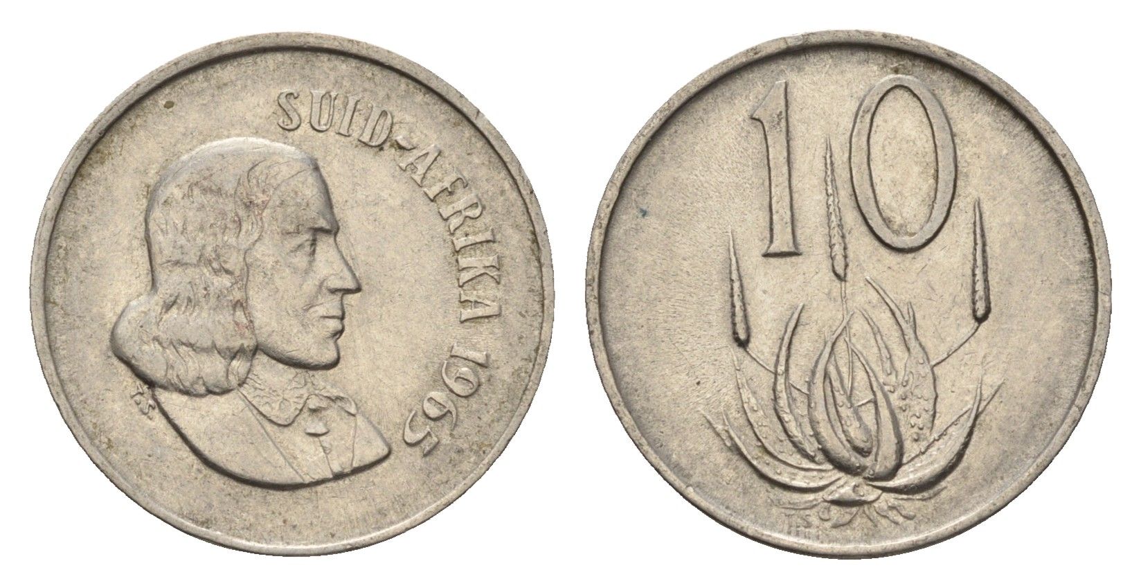 ЮАР 10 центов 1965 Ян ван Рибек (1619-1677), Suid Africa, легенда на африкаанс, цветок алоэ KM 68.2 никель 4687-333