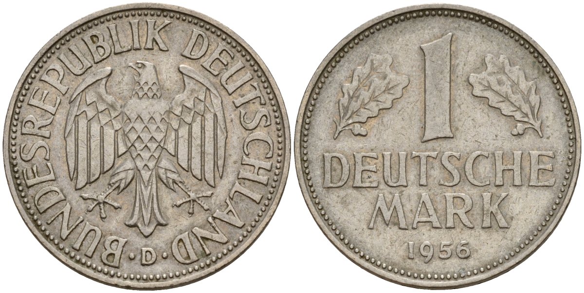 ФРГ 1 марка 1956 D KM 110, J. 385 медно-никель 4159-1032