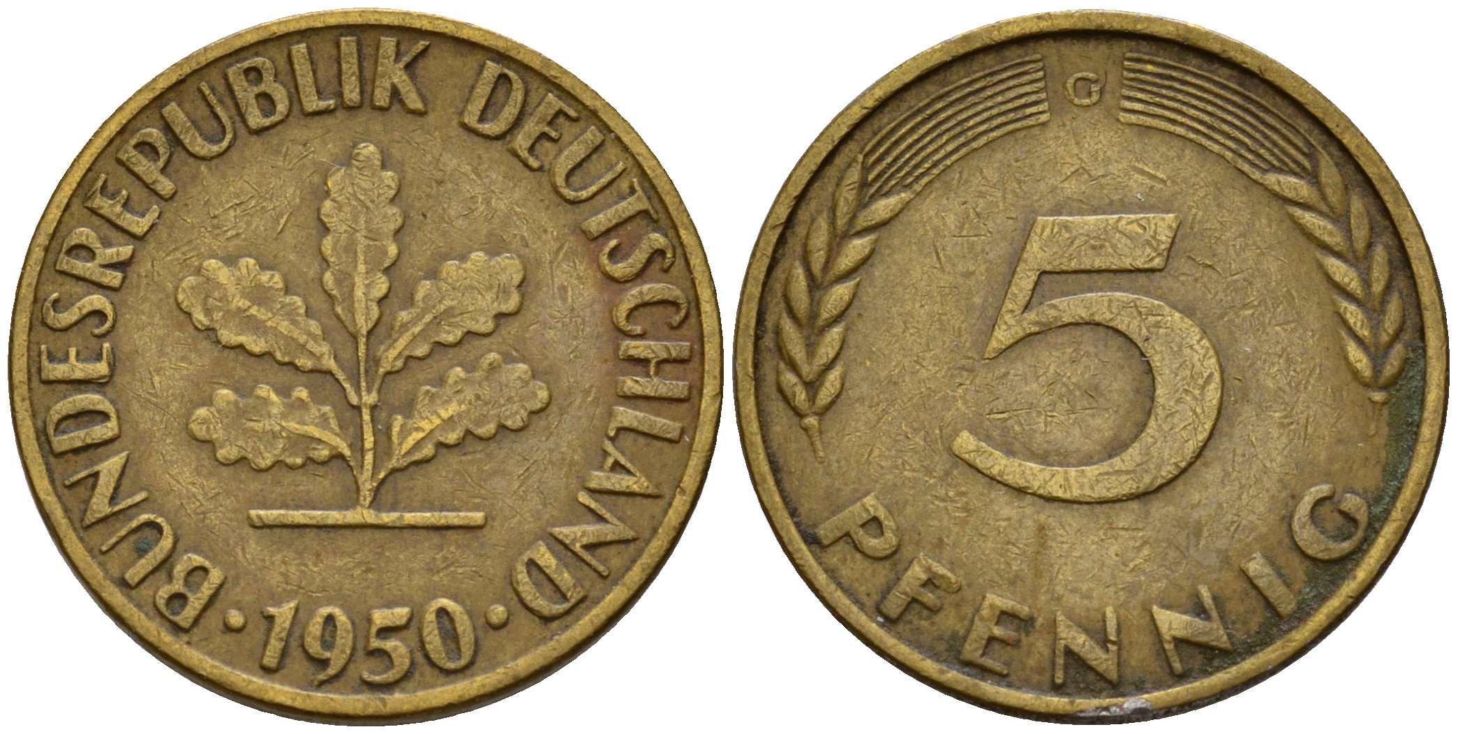 ФРГ 5 пфеннигов 1950 G J.382, KM 107 сталь плакированная латунью    4598-813