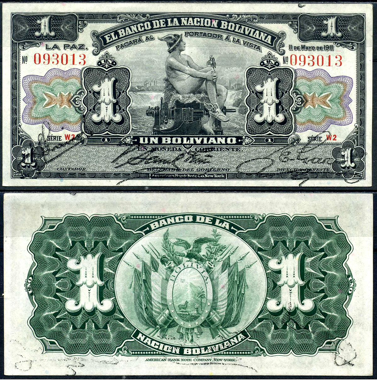Боливия 1 боливано 1911 серия W2 красная, Меркурий Pick 102 b (2)  бумага   451-264-1