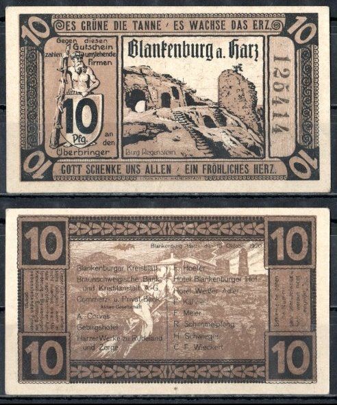 Бланкенбург-ам-Гарц (Брауншвейг) 10 пфеннигов 1920 Mehl Grabowski 114.1-3/5 бумага UNC (пресс) 7556-57-3-1