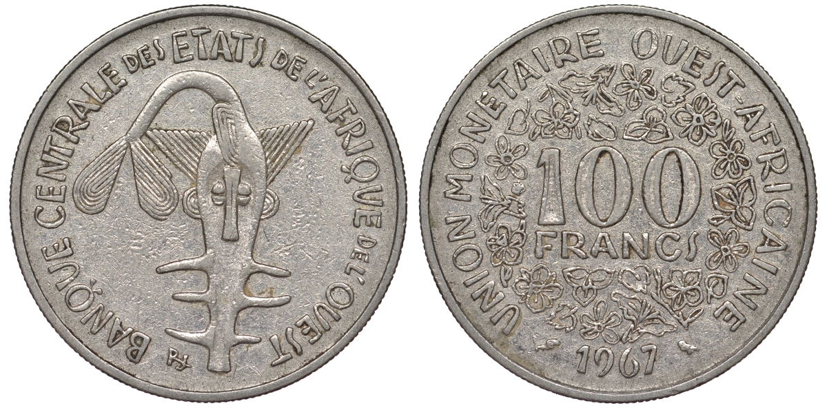 Западно-Африканские штаты 100 франков 1967 КМ 4 медно-никель 25-1842