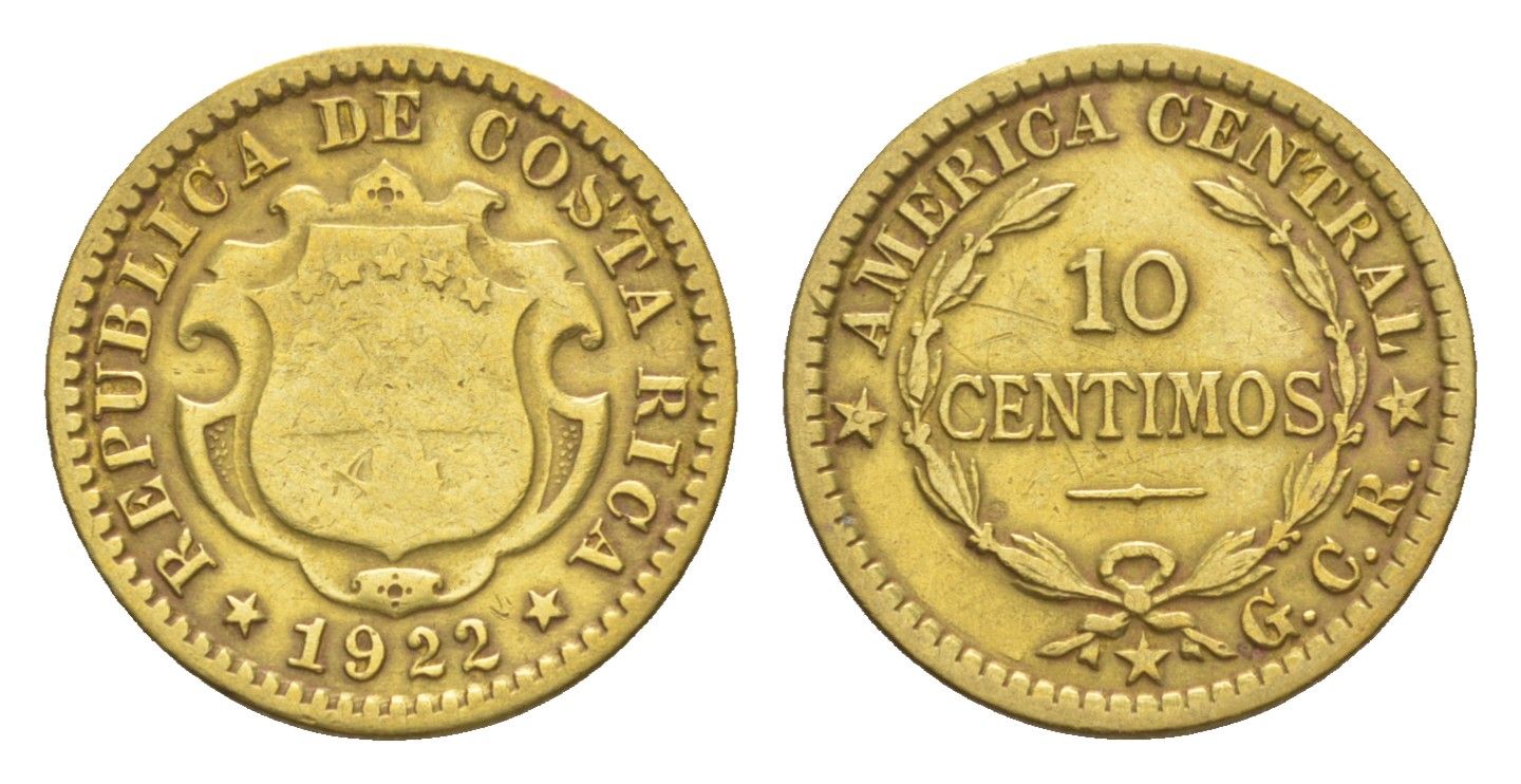 Коста-Рика 10 сентимо 1922 KM 152 латунь 4644-331
