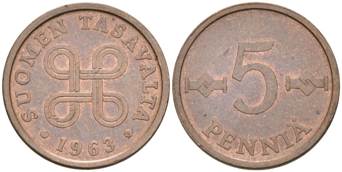 ФИНЛЯНДИЯ 5 ПЕННИ 1963 KM 45 медь 192-1268