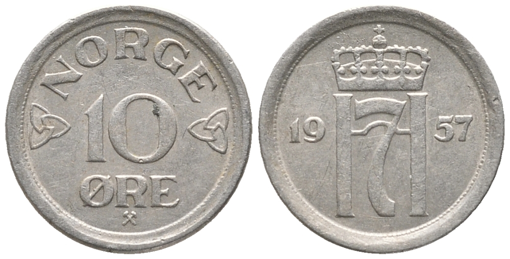 НОРВЕГИЯ 10 ЭРЕ 1957 ХОКОН VII (1905-1957) KM 396 медно-никель 100-1214