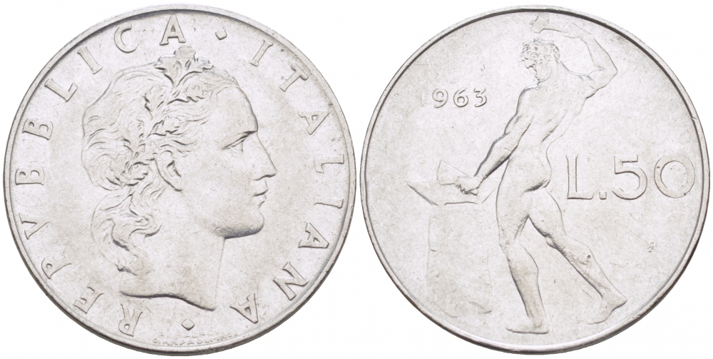 ИТАЛИЯ 50 ЛИР 1963 R КУЗНЕЦ KM 95.1 сталь 3718-425