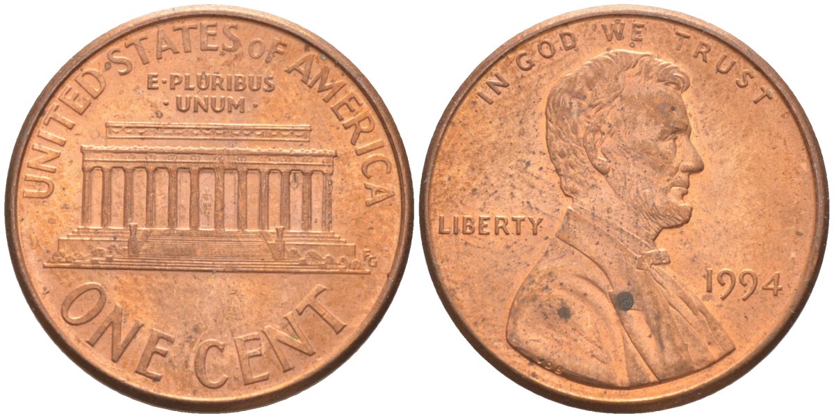 США 1 цент 1994 Линкольн KM 201b цинк плакированный медью 187-343