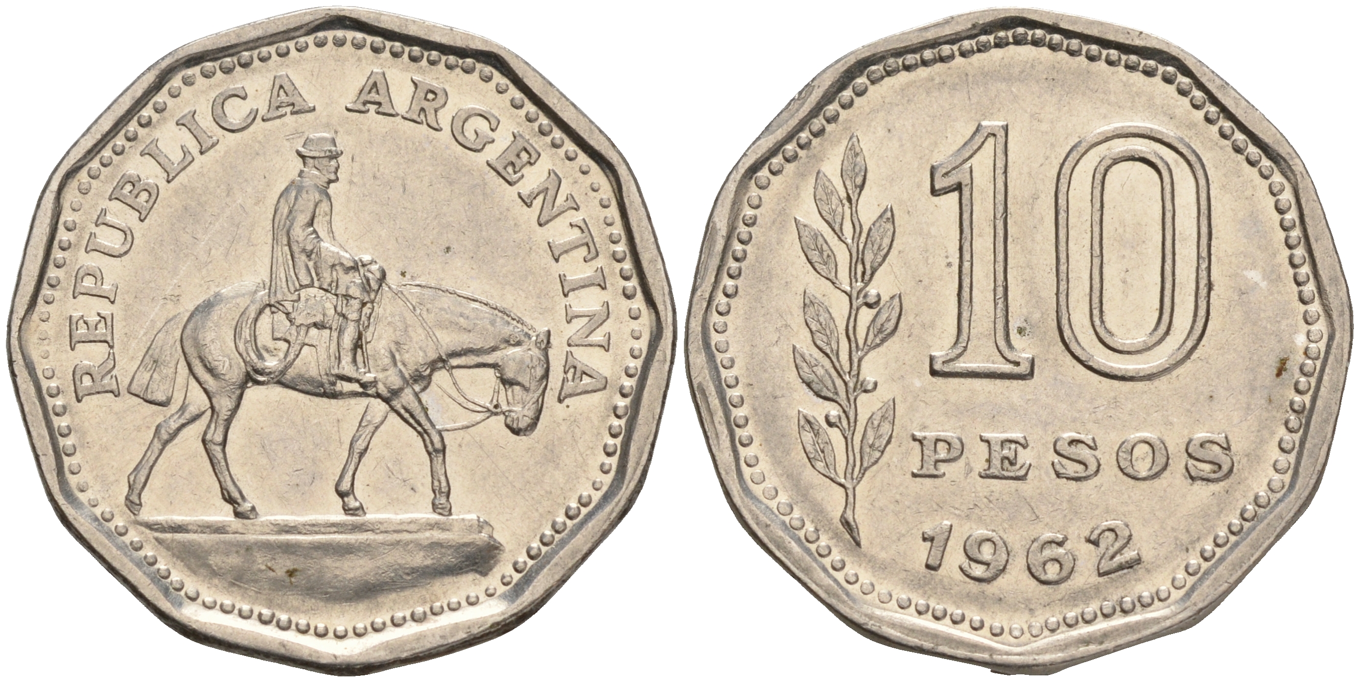 Аргентина 10 песо 1962 Гаучо KM 60 никелированная сталь 4561-837