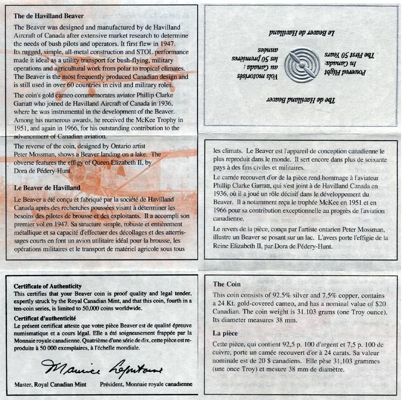 Канада 20 долларов 1991 самолет Де Хэвиленд Бивер, авиатор Филип Кларк Гаррат, в оригинальной коробке с сертификатом, KM 197 серебро, позолота PROOF 7-5-4-16