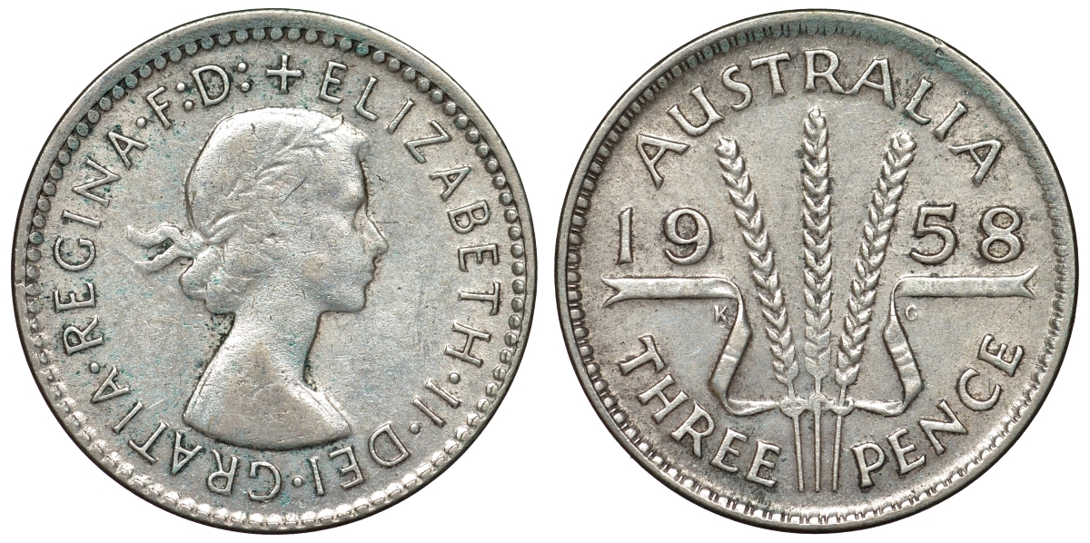 Австралия 3 пенса 1957 m, Елизавета II (1952-2022) KM 57 серебро 71-549