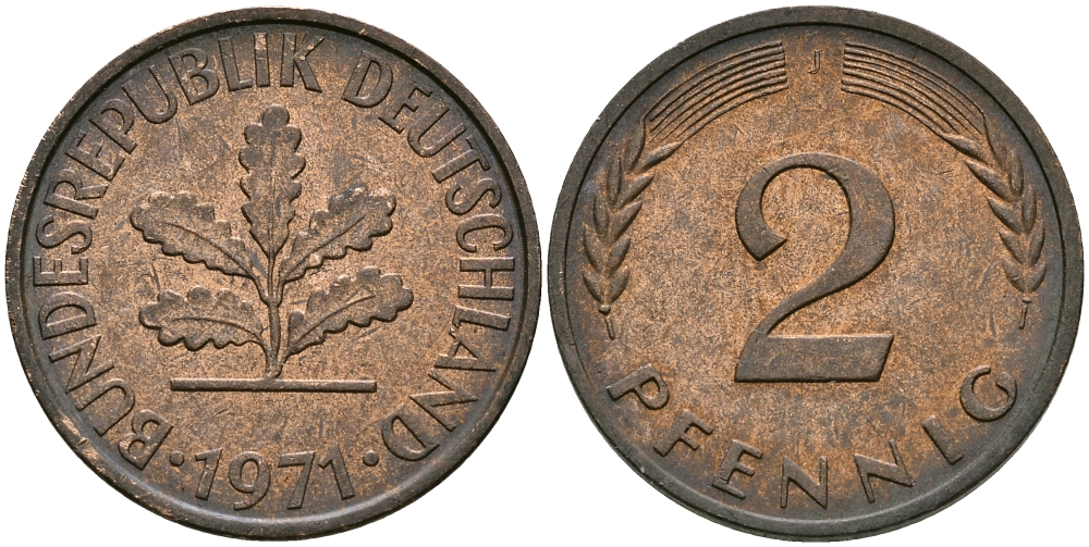 ФРГ 2 ПФЕННИГА 1971 J KM 106a, J.381a сталь плакированная сталь плакированная медьюю 4396-852