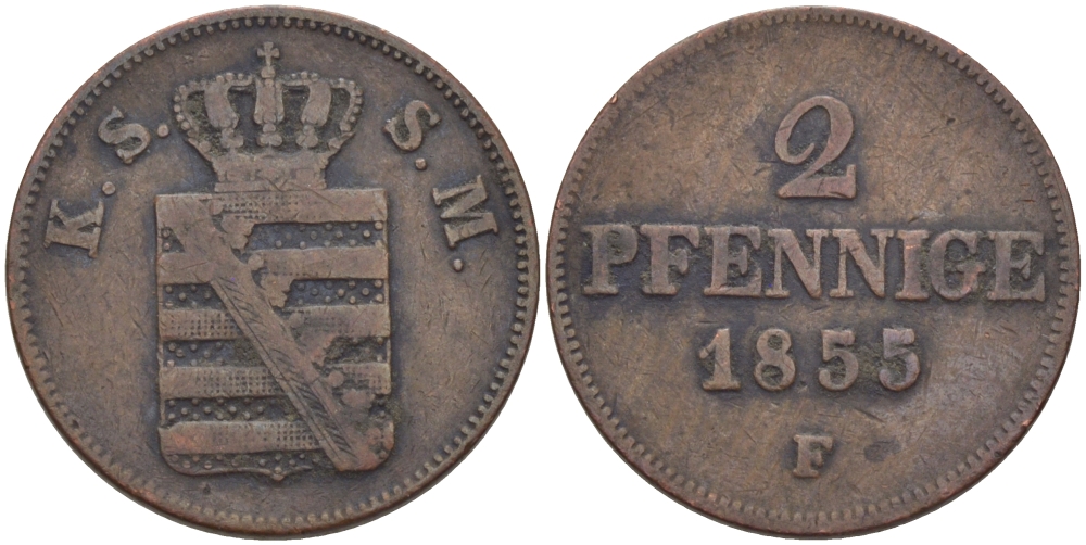САКСОНИЯ 2 ПФЕННИГА 1855 F KM 1185 медь 100-332