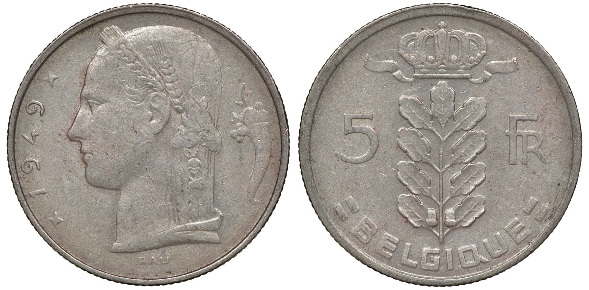 Бельгия 5 франков 1949 Леопольд III (1934-1950), Belgique KM 134.1 медно-никель 4163-522