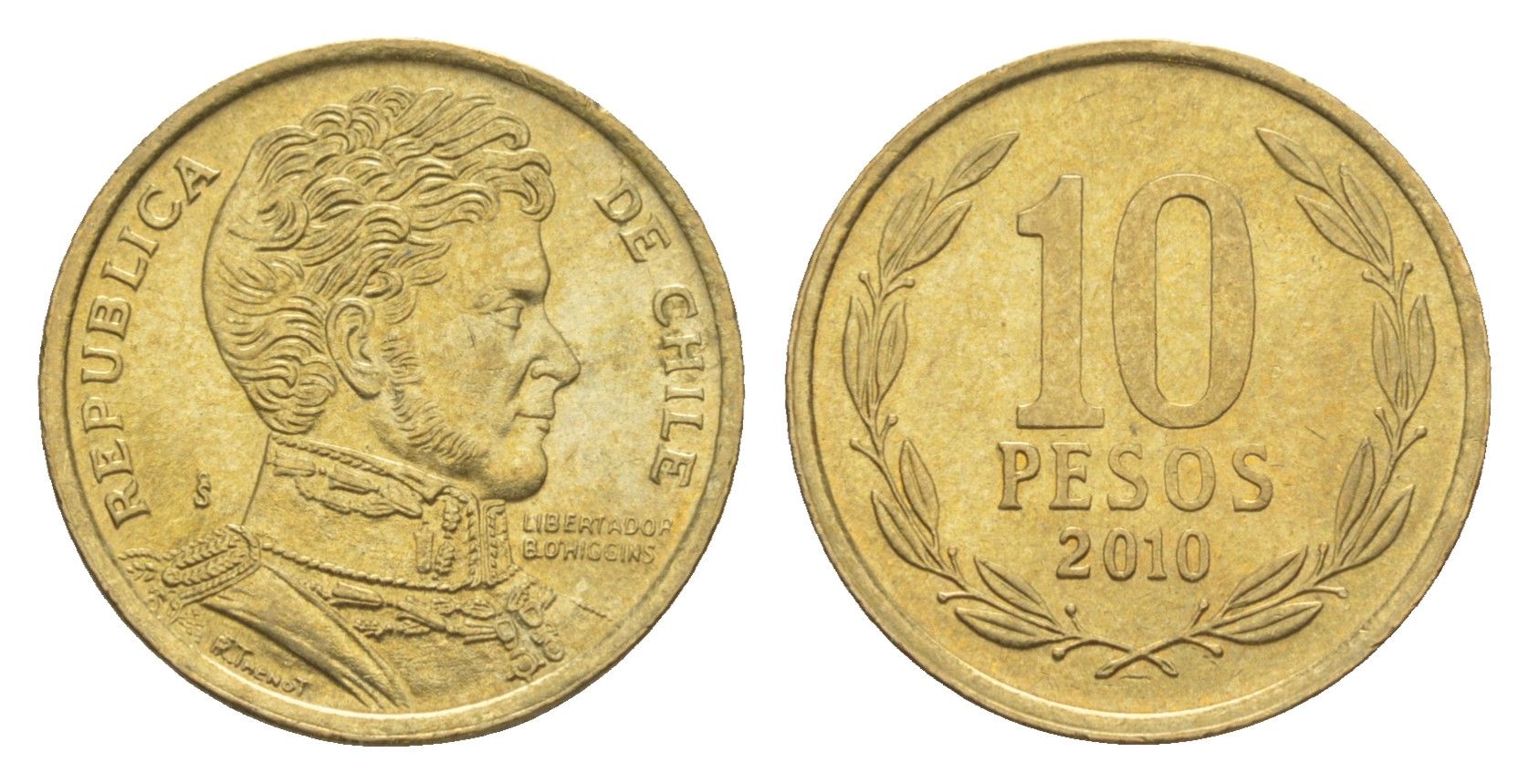 Чили 10 песо 2010 KM 228 никель латунь UNC 4649-557