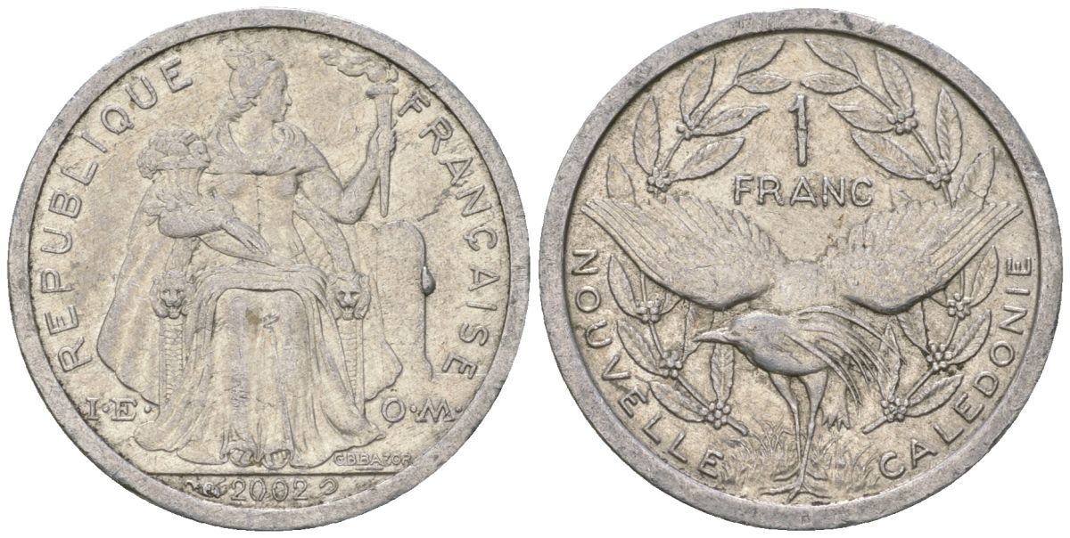 Французская Новая Каледония 1 франк 2002 птица кагу, (IEOM) KM 10, Schoen 10, Lec 52g алюминий 45-1042