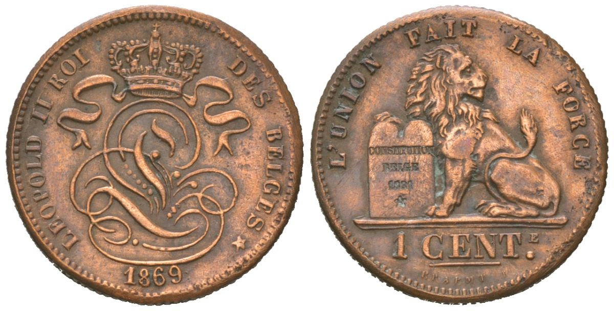 Бельгия 1 сантим 1869 Леопольд II (1865-1909) KM 33.1 медь 63-651