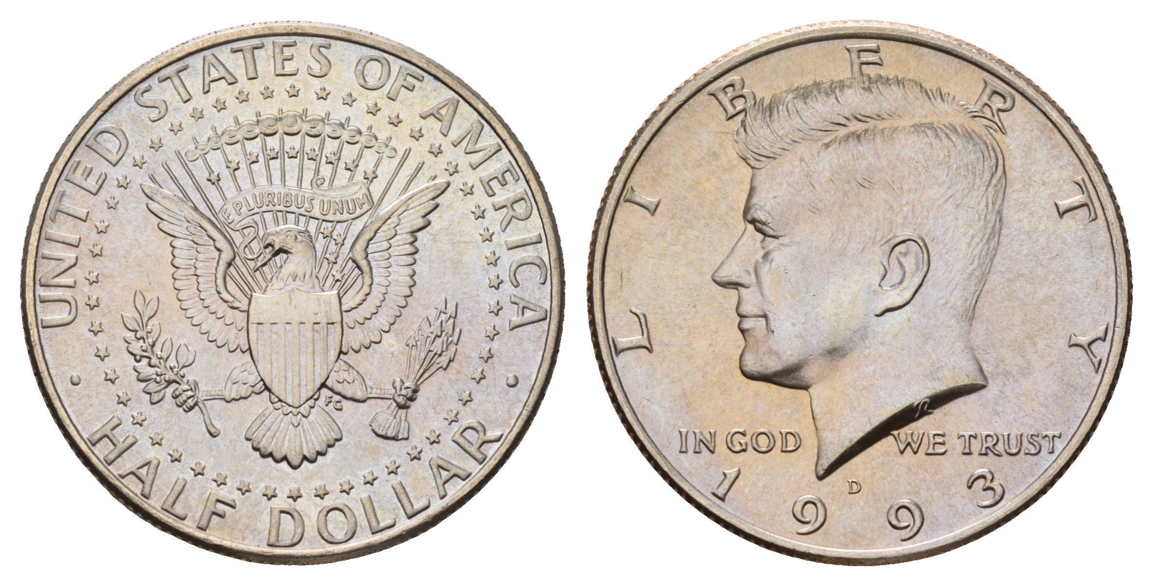 США 1/2 доллара (50 центов) 1993 D, Джон Кеннеди KM A202b медь плакированная медно-никелем UNC 4672-712