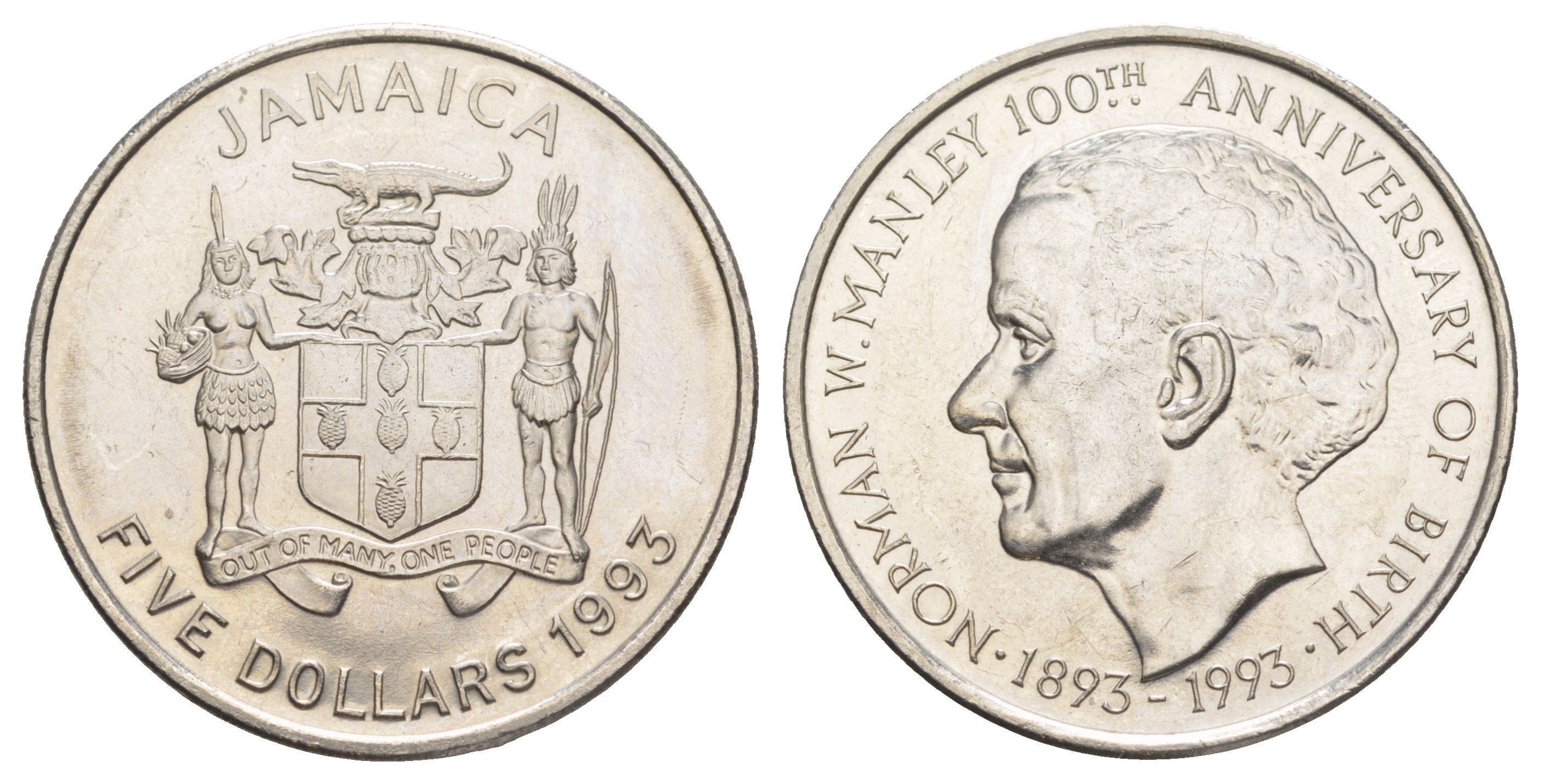 Ямайка 5 долларов 1993 100 лет со дня рождения Нормана Вашингтона Мэнли KM 157 сталь плакированная никелем UNC 4368-825