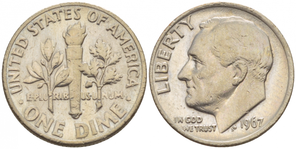 США 10 центов (дайм) 1967 Рузвельт KM 195а медь плакированная медно-никелем 4547-858